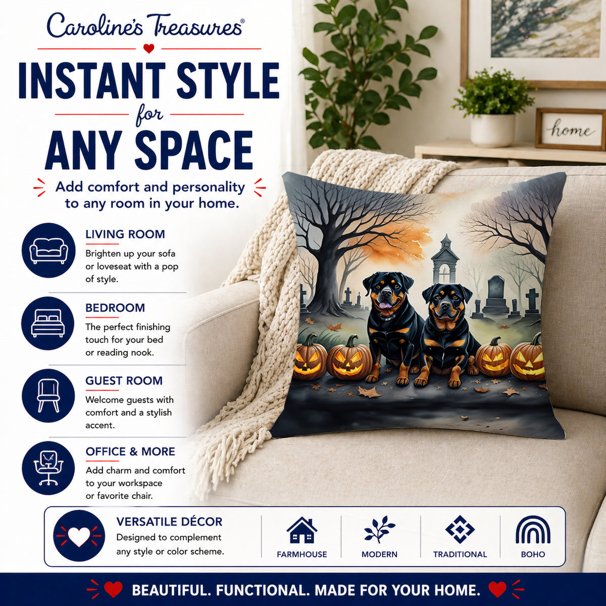 Caroline's Treasures DAC2063PW1818 Rottweiler Spooky Halloween Fabric Decorative Pillow Machine Washable, Indoor Outdoor Decorative Pillow for Couch, Bed or Patio, 18Hx18W