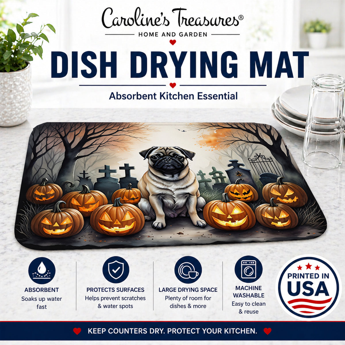 Caroline's Treasures DAC2064DDM Fawn Pug Spooky Halloween Dish Drying Mat Absorbent Dish Drying Mat Pad for Kitchen Counter Dish Drainer Mat for Countertop, 14 x 21, Multicolor