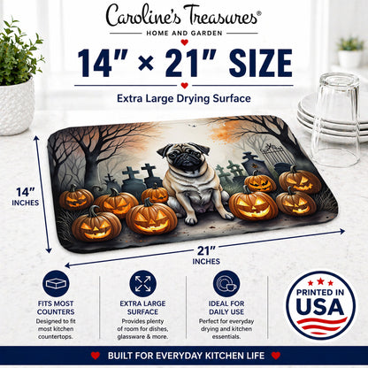 Caroline's Treasures DAC2064DDM Fawn Pug Spooky Halloween Dish Drying Mat Absorbent Dish Drying Mat Pad for Kitchen Counter Dish Drainer Mat for Countertop, 14 x 21, Multicolor