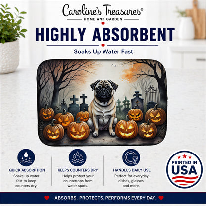 Caroline's Treasures DAC2064DDM Fawn Pug Spooky Halloween Dish Drying Mat Absorbent Dish Drying Mat Pad for Kitchen Counter Dish Drainer Mat for Countertop, 14 x 21, Multicolor