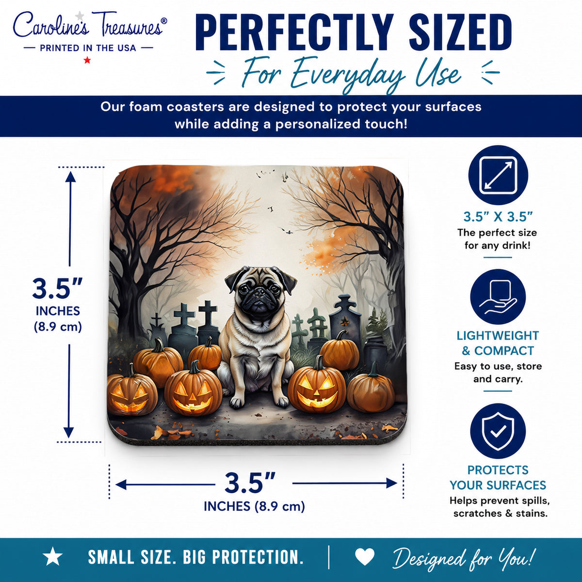 Caroline's Treasures Pug Dogs Foam Drink Coasters Set of 4 Absorbent