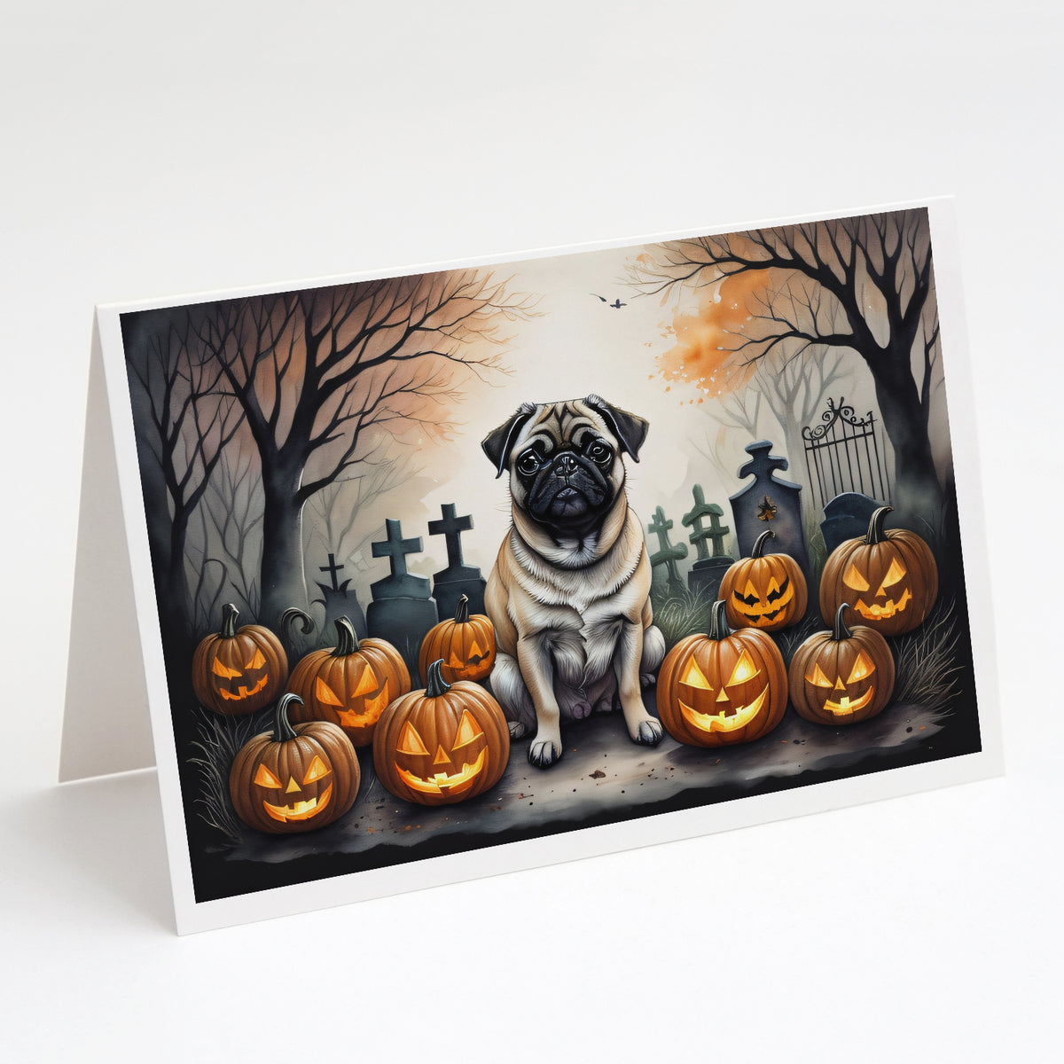 Caroline's Treasures DAC2064GCA7P Fawn Pug Spooky Halloween Greeting Cards and Envelopes Pack of 8 Blank Cards with Envelopes Whimsical A7 Size 5x7 Blank Greeting Cards