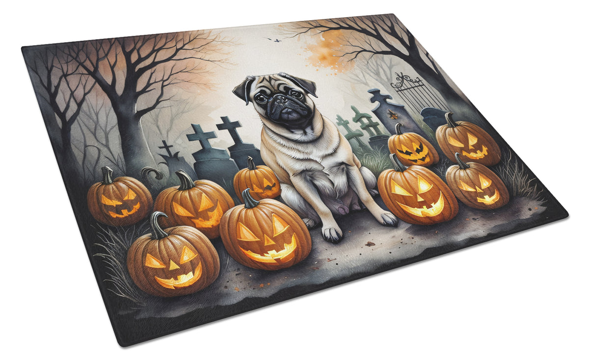 Caroline's Treasures DAC2064LCB Fawn Pug Spooky Halloween Glass Cutting Board Large Decorative Tempered Glass Kitchen Cutting and Serving Board Large Size Chopping Board