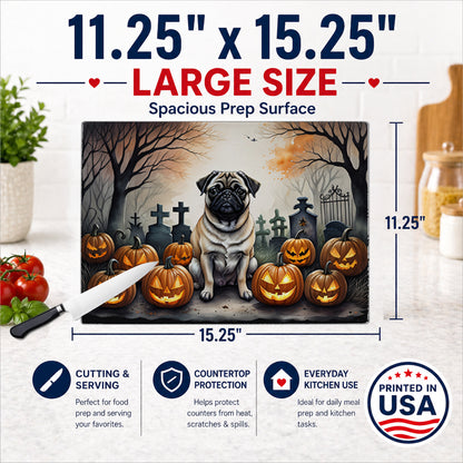Caroline's Treasures DAC2064LCB Fawn Pug Spooky Halloween Glass Cutting Board Large Decorative Tempered Glass Kitchen Cutting and Serving Board Large Size Chopping Board