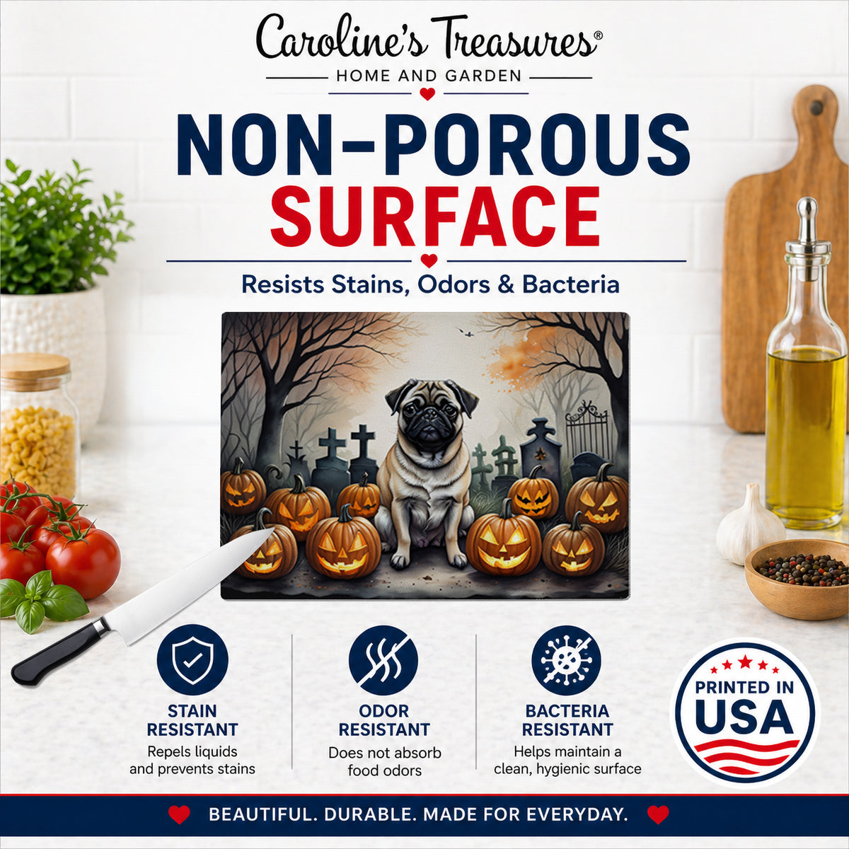 Caroline's Treasures DAC2064LCB Fawn Pug Spooky Halloween Glass Cutting Board Large Decorative Tempered Glass Kitchen Cutting and Serving Board Large Size Chopping Board