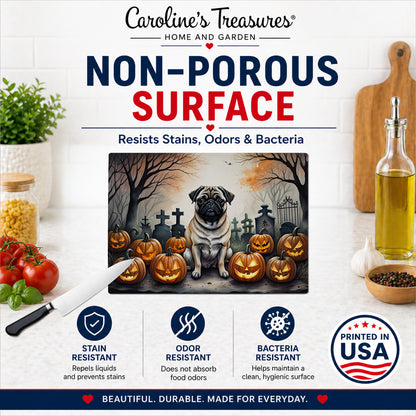 Caroline's Treasures DAC2064LCB Fawn Pug Spooky Halloween Glass Cutting Board Large Decorative Tempered Glass Kitchen Cutting and Serving Board Large Size Chopping Board