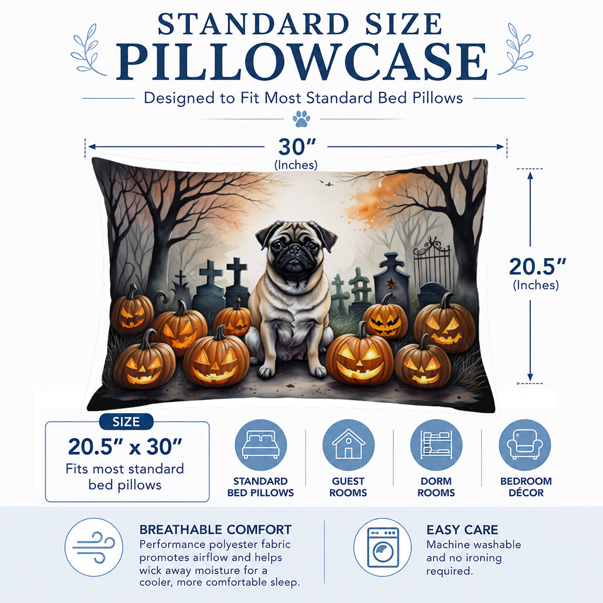 Caroline's Treasures DAC2064PILLOWCASE Fawn Pug Spooky Halloween Fabric Standard Pillowcase Lightweight Super Soft Easy Care Decorative Artwork Pillowcase, Standard