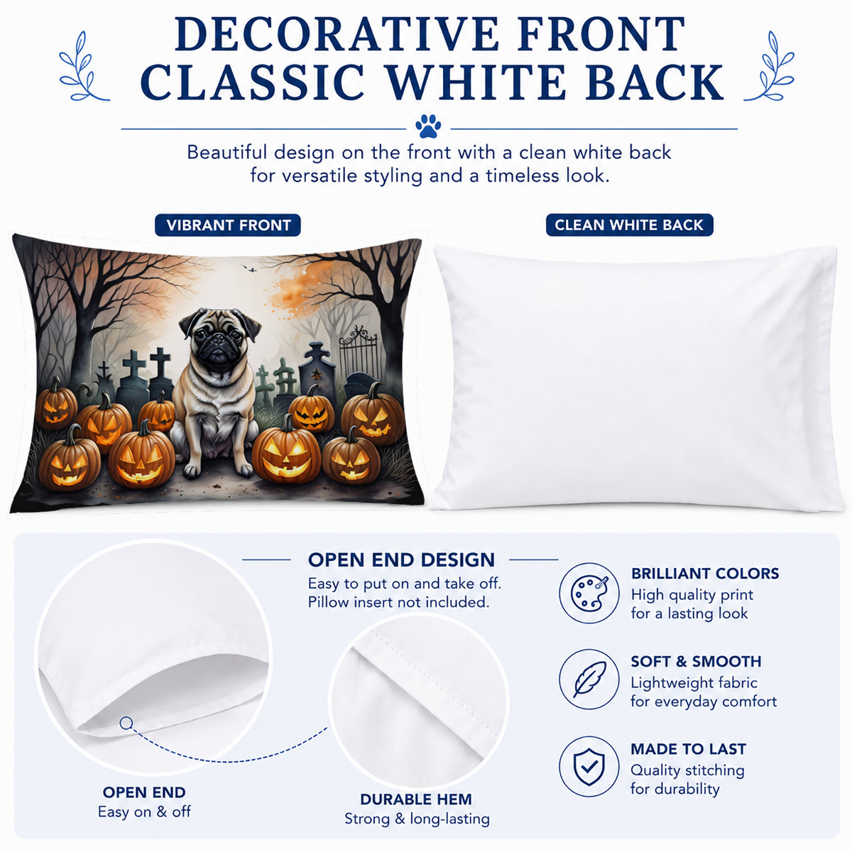 Caroline's Treasures DAC2064PILLOWCASE Fawn Pug Spooky Halloween Fabric Standard Pillowcase Lightweight Super Soft Easy Care Decorative Artwork Pillowcase, Standard