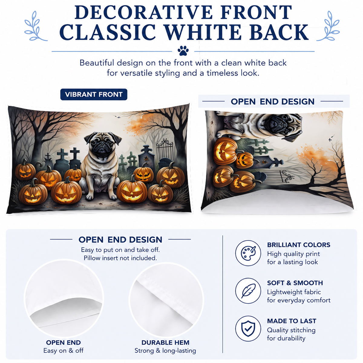 Caroline's Treasures DAC2064PILLOWCASE Fawn Pug Spooky Halloween Fabric Standard Pillowcase Lightweight Super Soft Easy Care Decorative Artwork Pillowcase, Standard