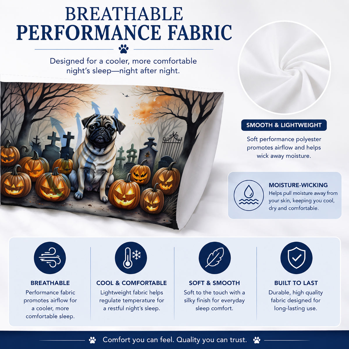 Caroline's Treasures DAC2064PILLOWCASE Fawn Pug Spooky Halloween Fabric Standard Pillowcase Lightweight Super Soft Easy Care Decorative Artwork Pillowcase, Standard