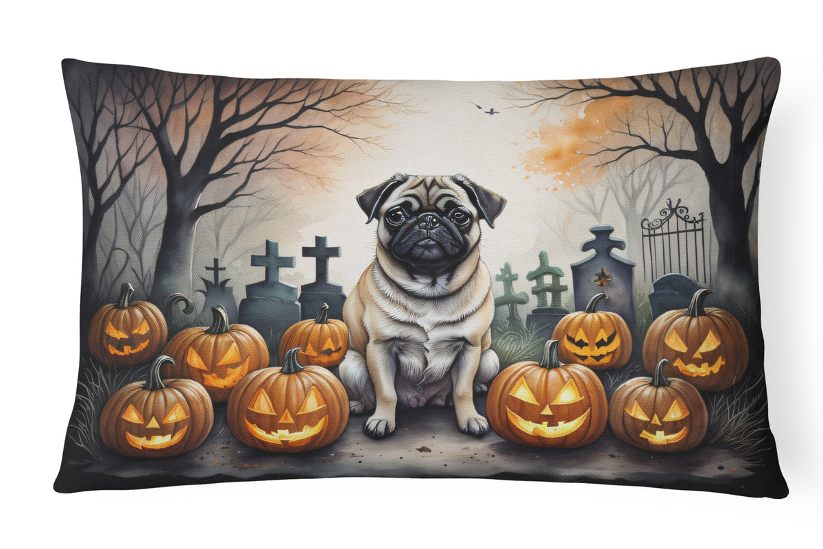 Caroline's Treasures DAC2064PW1216 Fawn Pug Spooky Halloween Fabric Decorative Pillow Machine Washable, Indoor Outdoor Decorative Pillow for Couch, Bed or Patio, 12HX16W