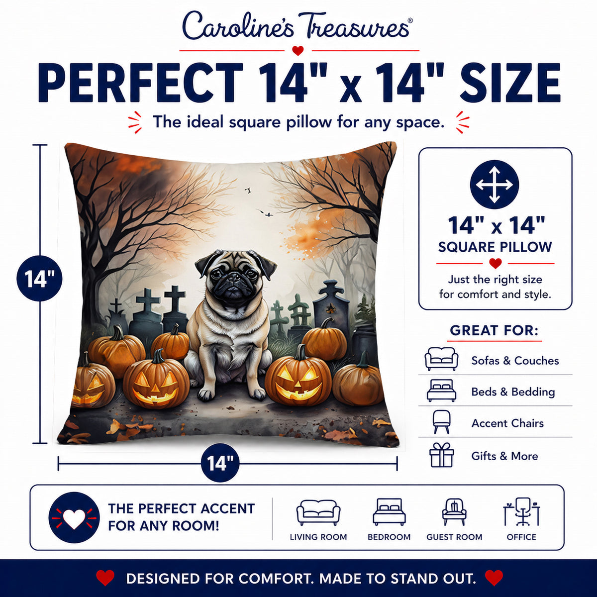 Caroline's Treasures DAC2064PW1414 Fawn Pug Spooky Halloween Fabric Decorative Pillow Machine Washable, Indoor Outdoor Decorative Pillow for Couch, Bed or Patio, 14Hx14W