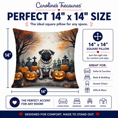 Caroline's Treasures DAC2064PW1414 Fawn Pug Spooky Halloween Fabric Decorative Pillow Machine Washable, Indoor Outdoor Decorative Pillow for Couch, Bed or Patio, 14Hx14W