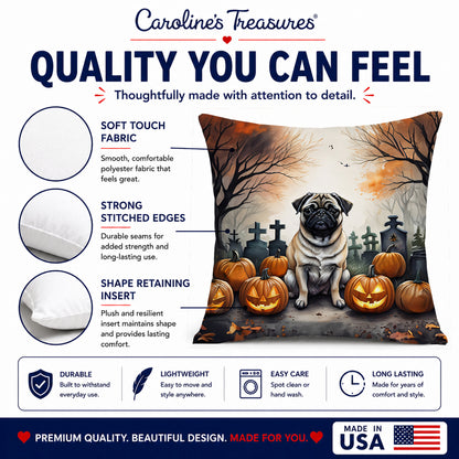 Caroline's Treasures DAC2064PW1414 Fawn Pug Spooky Halloween Fabric Decorative Pillow Machine Washable, Indoor Outdoor Decorative Pillow for Couch, Bed or Patio, 14Hx14W