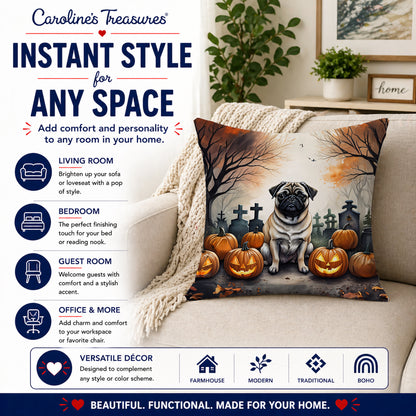Caroline's Treasures DAC2064PW1414 Fawn Pug Spooky Halloween Fabric Decorative Pillow Machine Washable, Indoor Outdoor Decorative Pillow for Couch, Bed or Patio, 14Hx14W