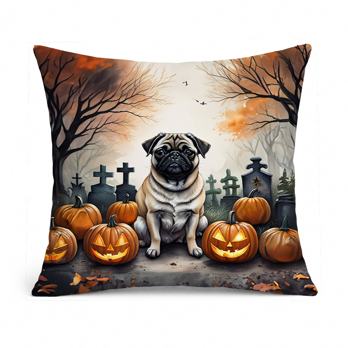 Caroline's Treasures DAC2064PW1818 Fawn Pug Spooky Halloween Fabric Decorative Pillow Machine Washable, Indoor Outdoor Decorative Pillow for Couch, Bed or Patio, 18Hx18W