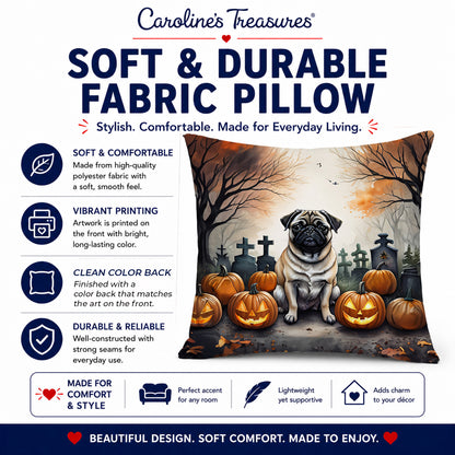 Caroline's Treasures DAC2064PW1818 Fawn Pug Spooky Halloween Fabric Decorative Pillow Machine Washable, Indoor Outdoor Decorative Pillow for Couch, Bed or Patio, 18Hx18W