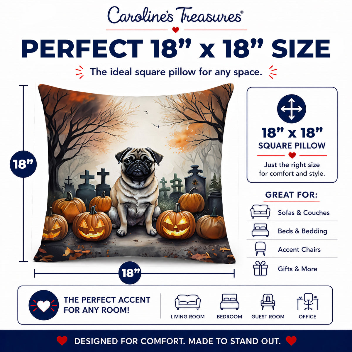 Caroline's Treasures DAC2064PW1818 Fawn Pug Spooky Halloween Fabric Decorative Pillow Machine Washable, Indoor Outdoor Decorative Pillow for Couch, Bed or Patio, 18Hx18W