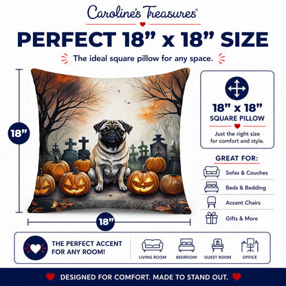 Caroline's Treasures DAC2064PW1818 Fawn Pug Spooky Halloween Fabric Decorative Pillow Machine Washable, Indoor Outdoor Decorative Pillow for Couch, Bed or Patio, 18Hx18W