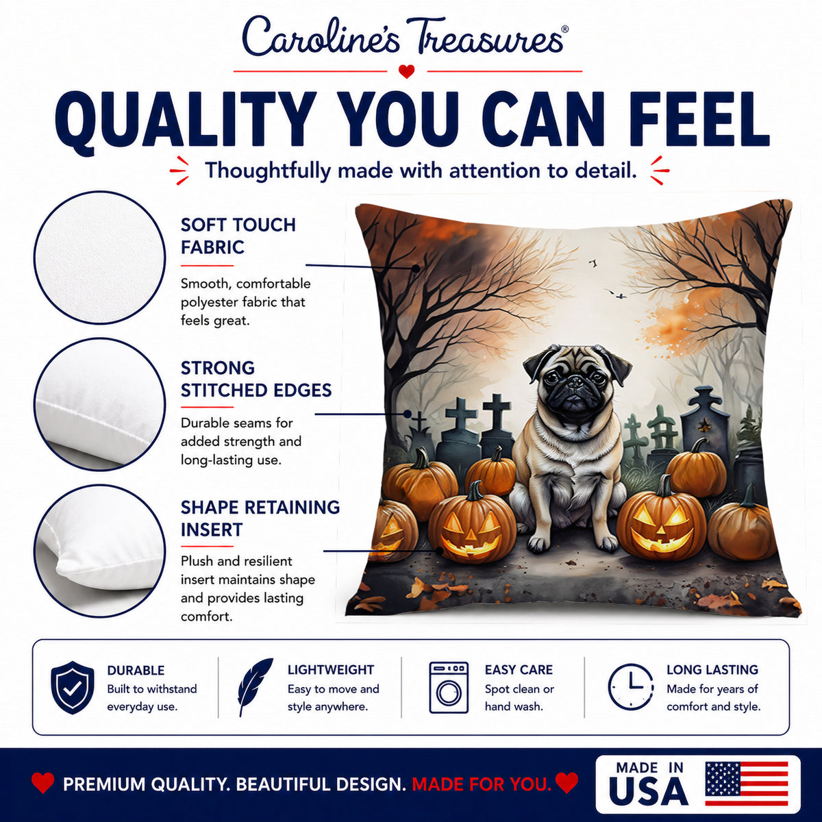 Caroline's Treasures DAC2064PW1818 Fawn Pug Spooky Halloween Fabric Decorative Pillow Machine Washable, Indoor Outdoor Decorative Pillow for Couch, Bed or Patio, 18Hx18W