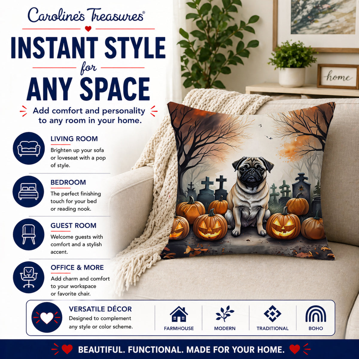 Caroline's Treasures DAC2064PW1818 Fawn Pug Spooky Halloween Fabric Decorative Pillow Machine Washable, Indoor Outdoor Decorative Pillow for Couch, Bed or Patio, 18Hx18W