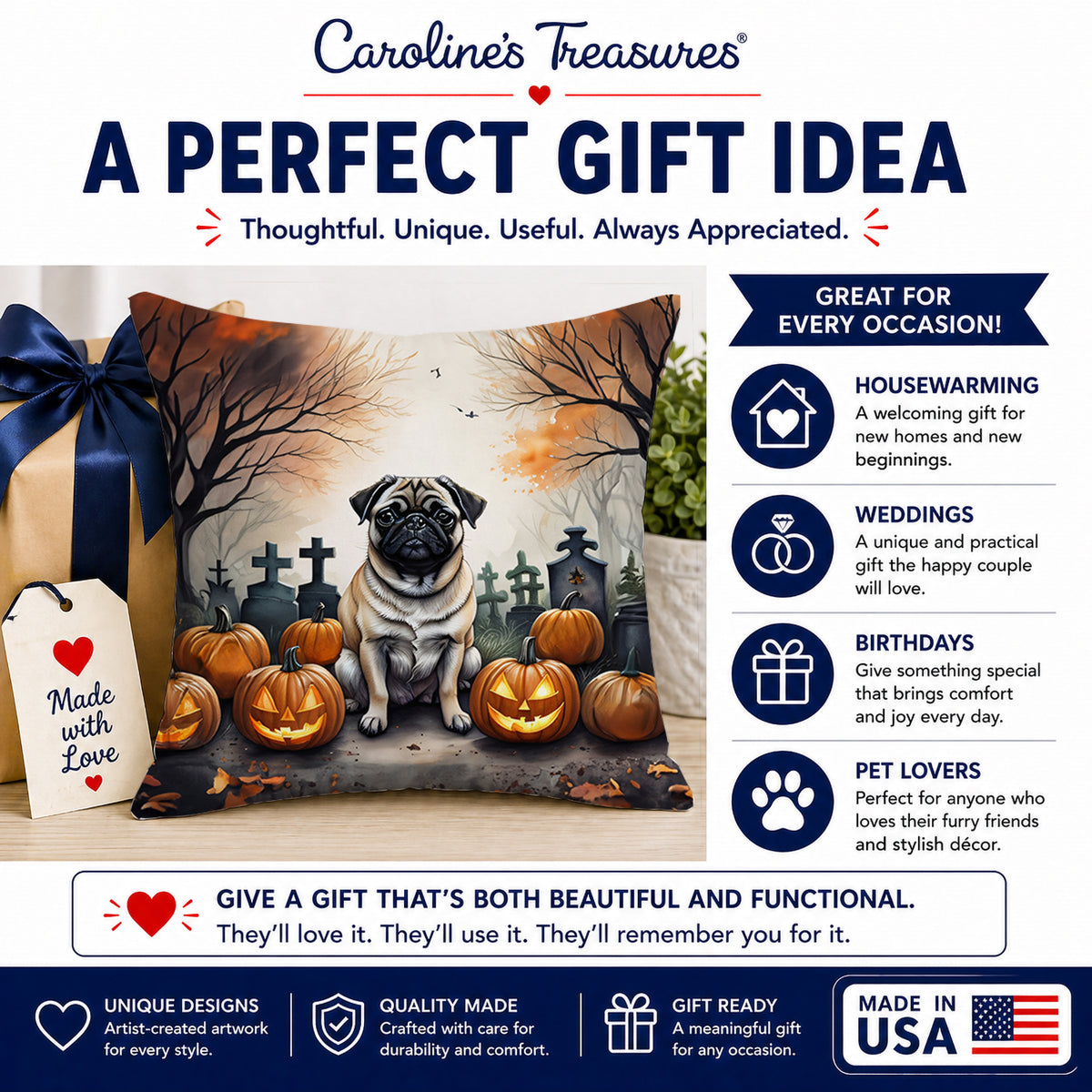 Caroline's Treasures DAC2064PW1818 Fawn Pug Spooky Halloween Fabric Decorative Pillow Machine Washable, Indoor Outdoor Decorative Pillow for Couch, Bed or Patio, 18Hx18W
