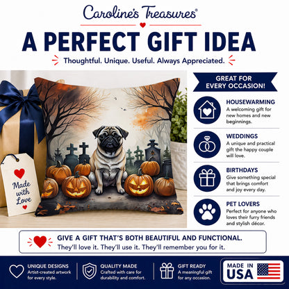 Caroline's Treasures DAC2064PW1818 Fawn Pug Spooky Halloween Fabric Decorative Pillow Machine Washable, Indoor Outdoor Decorative Pillow for Couch, Bed or Patio, 18Hx18W