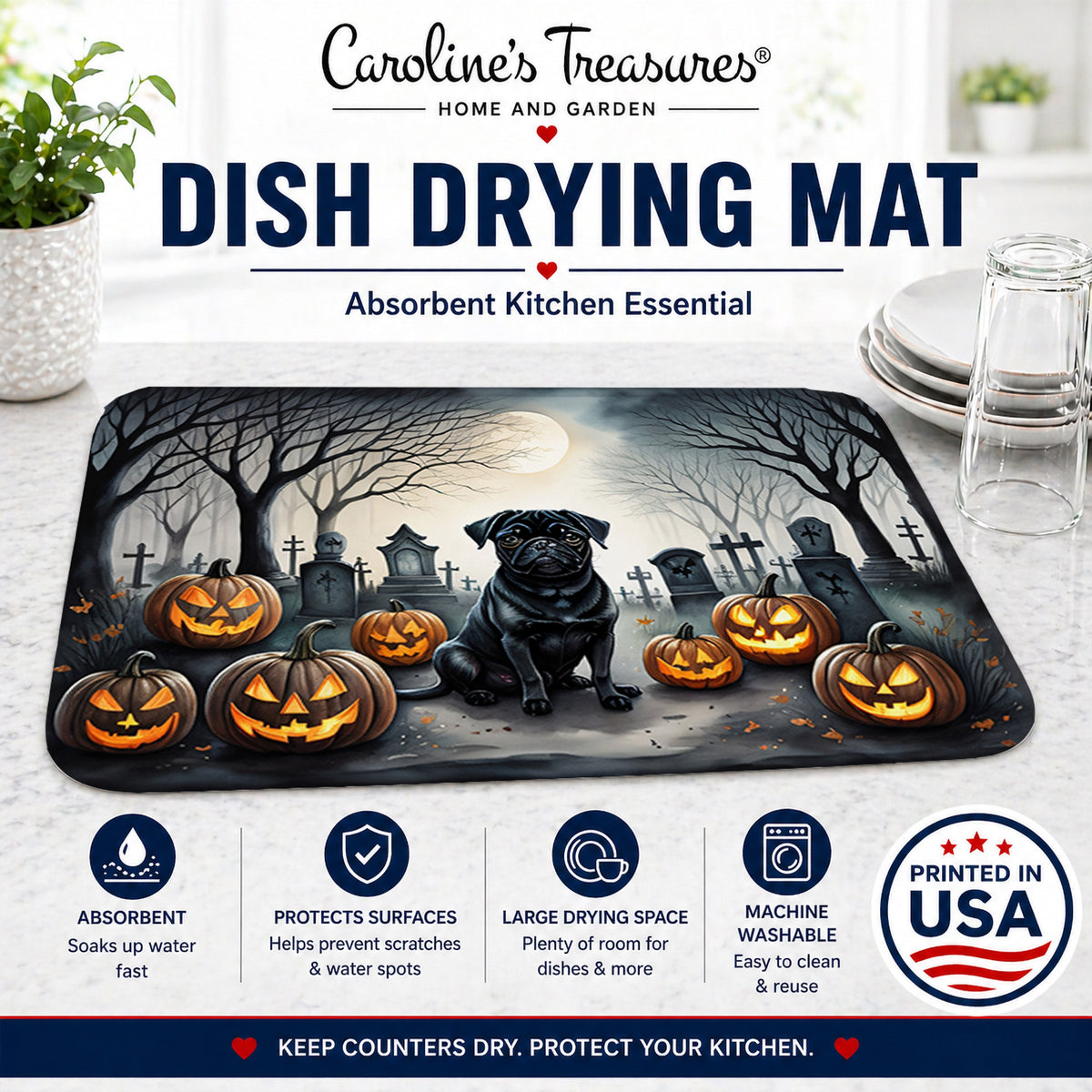 Caroline's Treasures DAC2065DDM Black Pug Spooky Halloween Dish Drying Mat Absorbent Dish Drying Mat Pad for Kitchen Counter Dish Drainer Mat for Countertop, 14 x 21, Multicolor