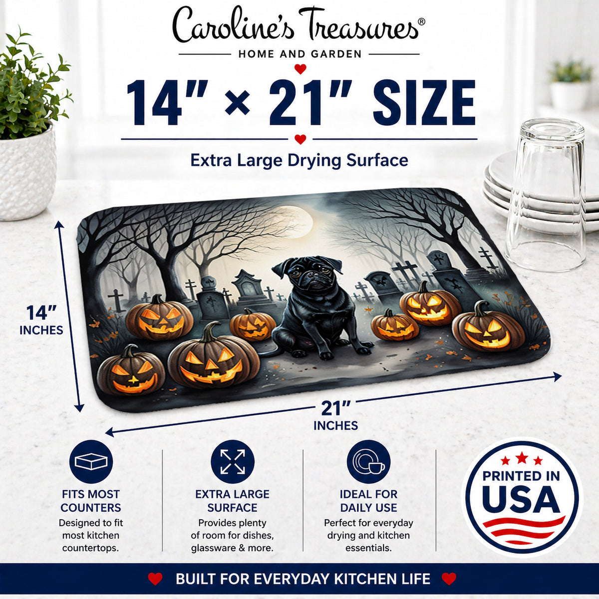 Caroline's Treasures DAC2065DDM Black Pug Spooky Halloween Dish Drying Mat Absorbent Dish Drying Mat Pad for Kitchen Counter Dish Drainer Mat for Countertop, 14 x 21, Multicolor