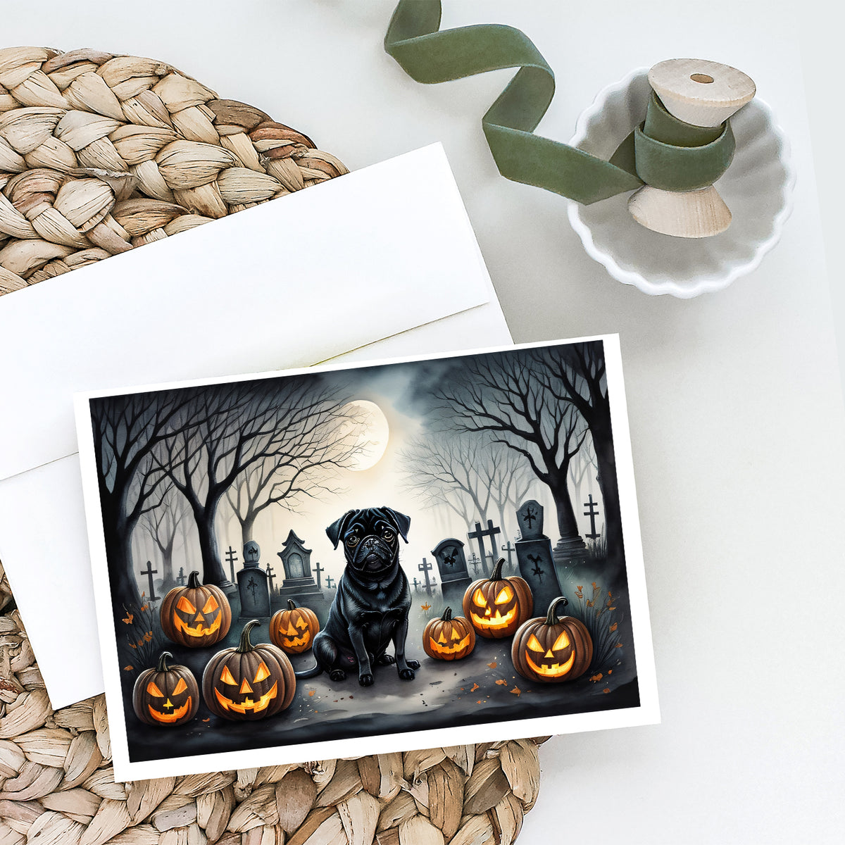 Caroline's Treasures DAC2065GCA7P Black Pug Spooky Halloween Greeting Cards and Envelopes Pack of 8 Blank Cards with Envelopes Whimsical A7 Size 5x7 Blank Greeting Cards