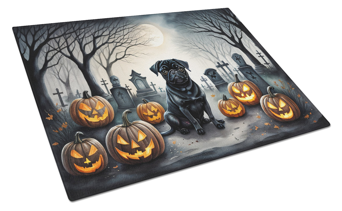 Caroline's Treasures DAC2065LCB Black Pug Spooky Halloween Glass Cutting Board Large Decorative Tempered Glass Kitchen Cutting and Serving Board Large Size Chopping Board