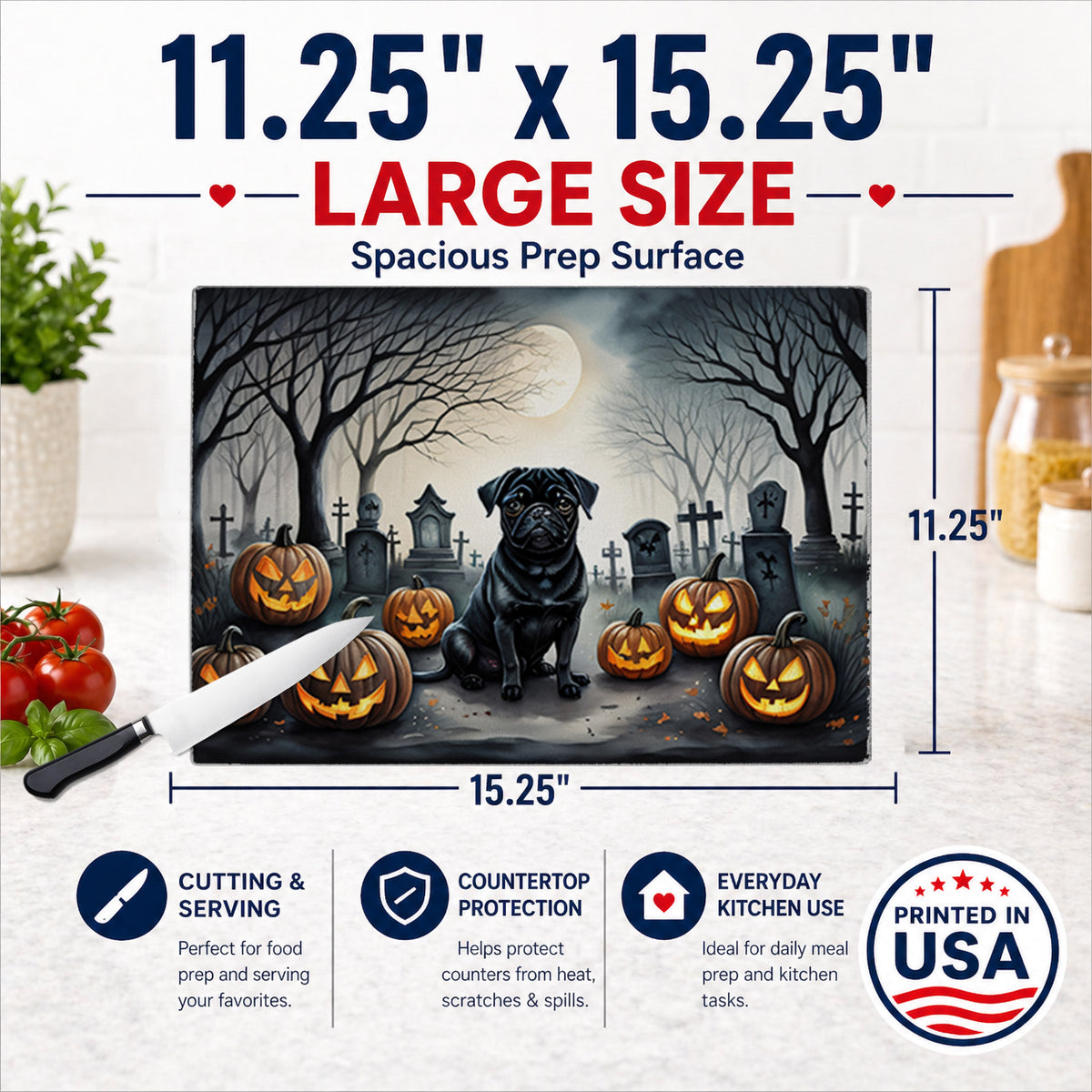 Caroline's Treasures DAC2065LCB Black Pug Spooky Halloween Glass Cutting Board Large Decorative Tempered Glass Kitchen Cutting and Serving Board Large Size Chopping Board