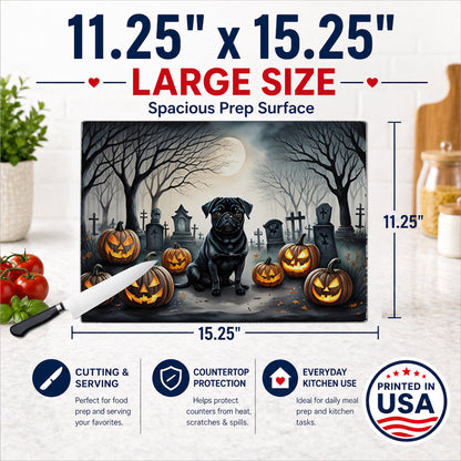 Caroline's Treasures DAC2065LCB Black Pug Spooky Halloween Glass Cutting Board Large Decorative Tempered Glass Kitchen Cutting and Serving Board Large Size Chopping Board