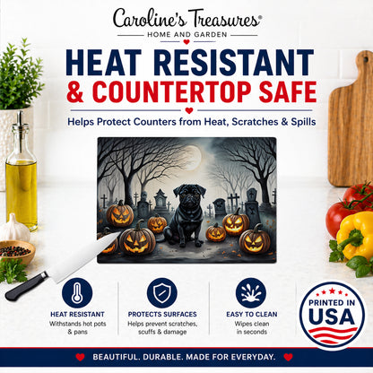 Caroline's Treasures DAC2065LCB Black Pug Spooky Halloween Glass Cutting Board Large Decorative Tempered Glass Kitchen Cutting and Serving Board Large Size Chopping Board
