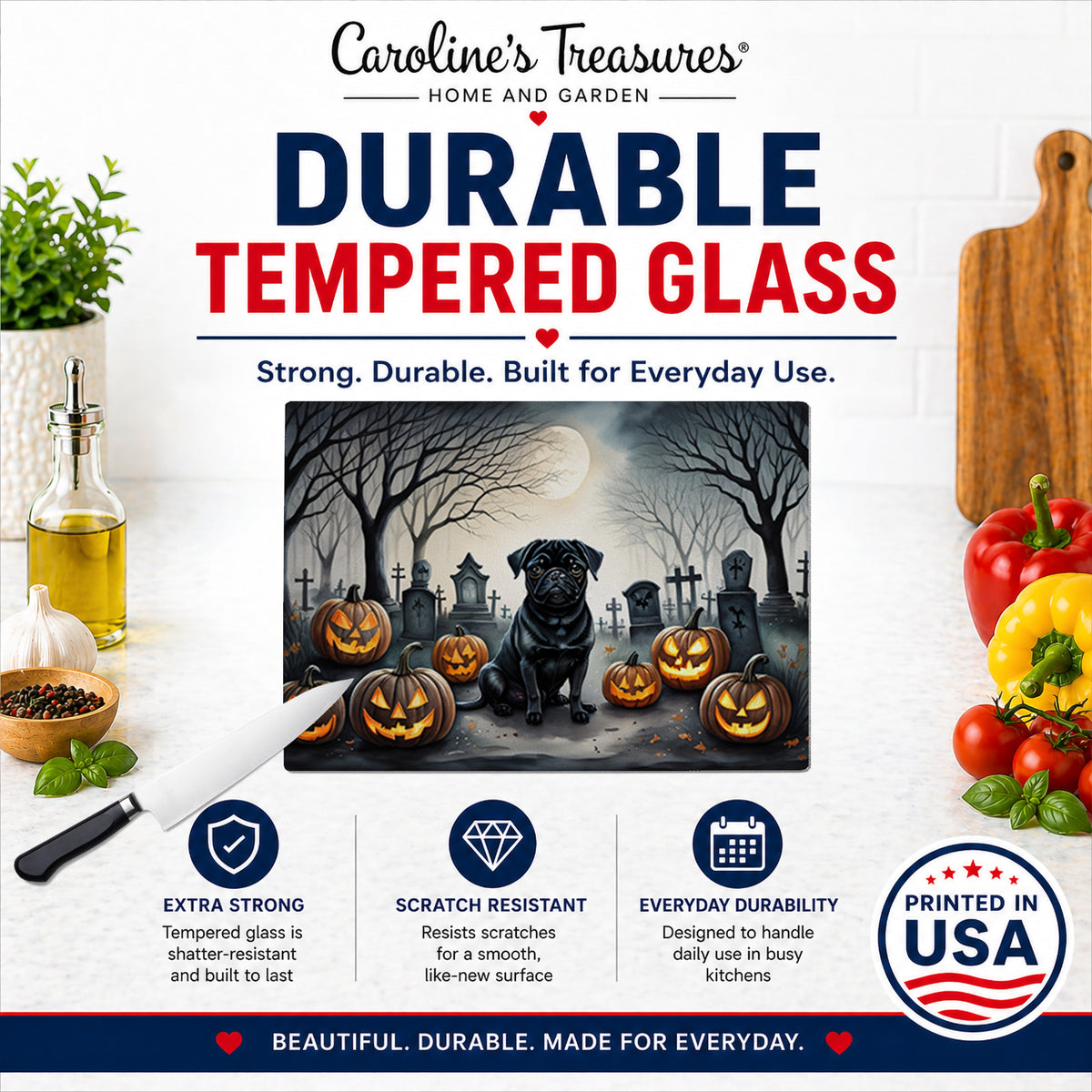 Caroline's Treasures DAC2065LCB Black Pug Spooky Halloween Glass Cutting Board Large Decorative Tempered Glass Kitchen Cutting and Serving Board Large Size Chopping Board