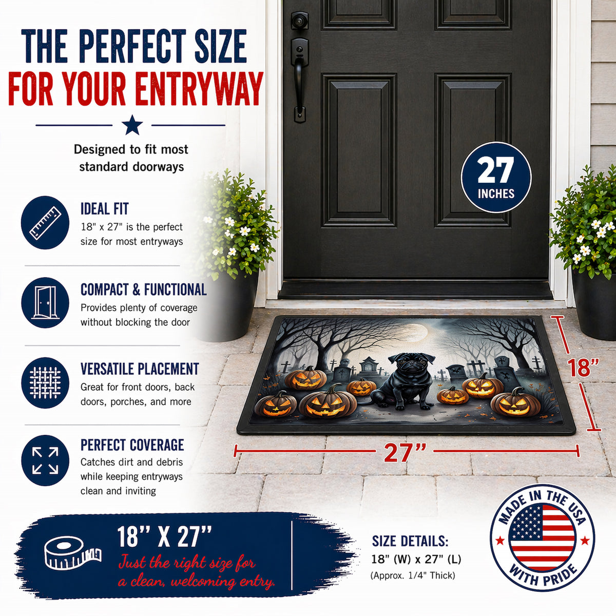Caroline's Treasures DAC2065MAT Black Pug Spooky Halloween Doormat 18x27 Front Door Mat Indoor Outdoor Rugs for Entryway, Non Slip Washable Low Pile, 18H X 27W