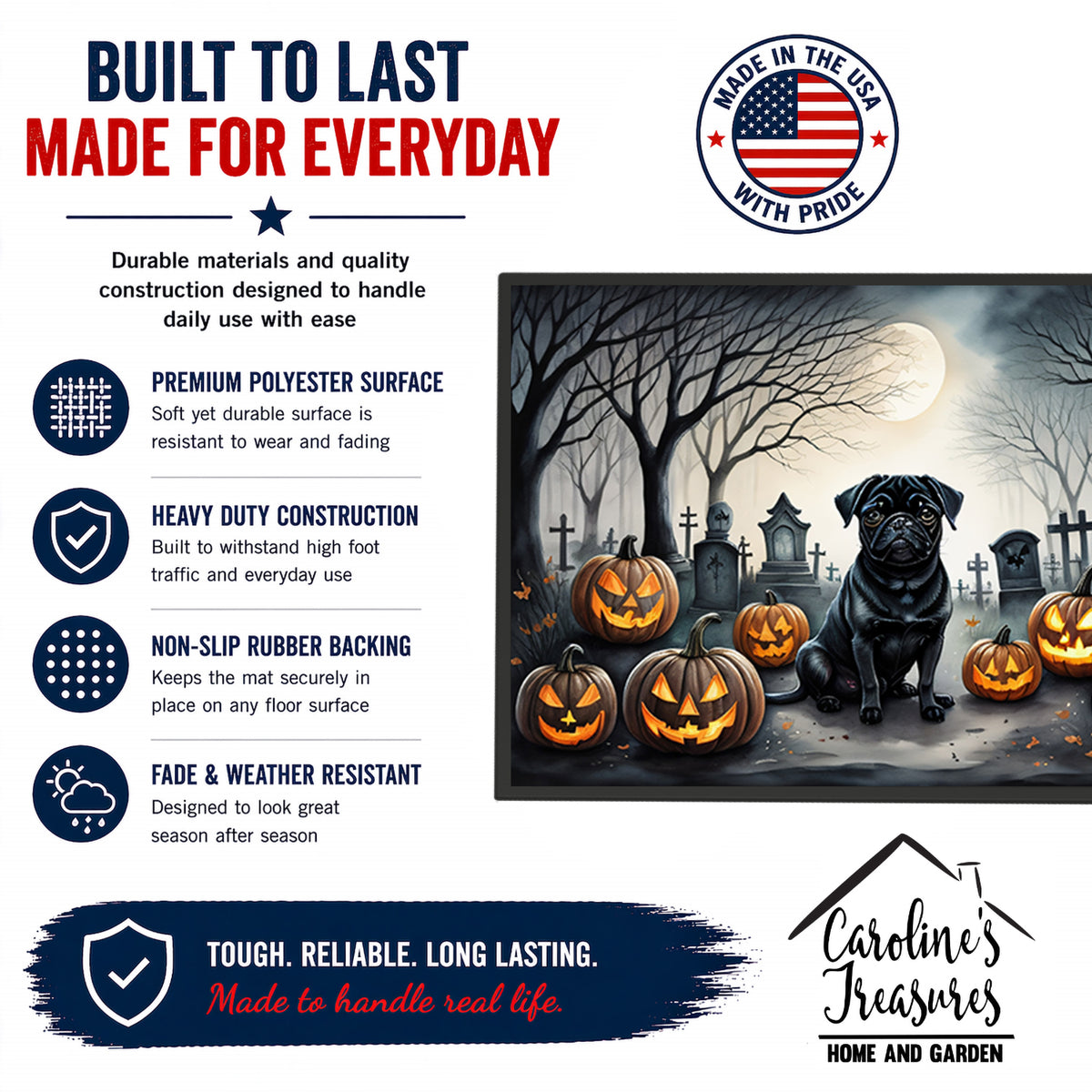 Caroline's Treasures DAC2065MAT Black Pug Spooky Halloween Doormat 18x27 Front Door Mat Indoor Outdoor Rugs for Entryway, Non Slip Washable Low Pile, 18H X 27W
