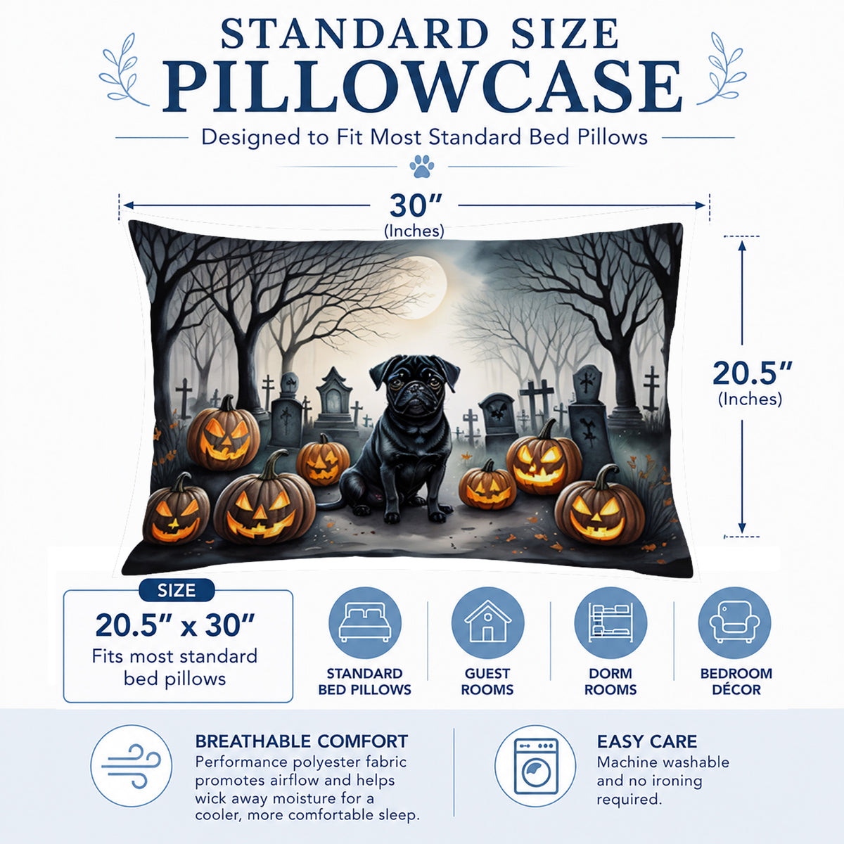 Caroline's Treasures DAC2065PILLOWCASE Black Pug Spooky Halloween Fabric Standard Pillowcase Lightweight Super Soft Easy Care Decorative Artwork Pillowcase, Standard
