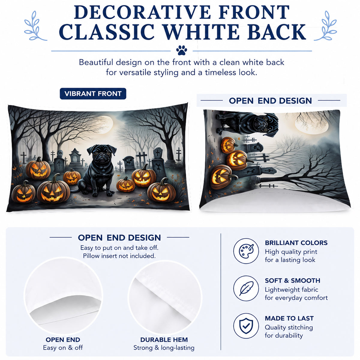 Caroline's Treasures DAC2065PILLOWCASE Black Pug Spooky Halloween Fabric Standard Pillowcase Lightweight Super Soft Easy Care Decorative Artwork Pillowcase, Standard