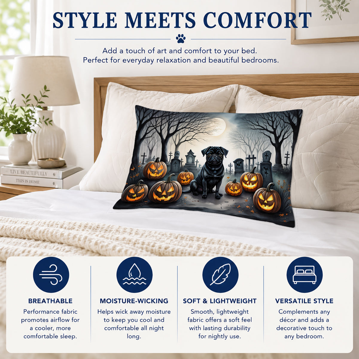 Caroline's Treasures DAC2065PILLOWCASE Black Pug Spooky Halloween Fabric Standard Pillowcase Lightweight Super Soft Easy Care Decorative Artwork Pillowcase, Standard