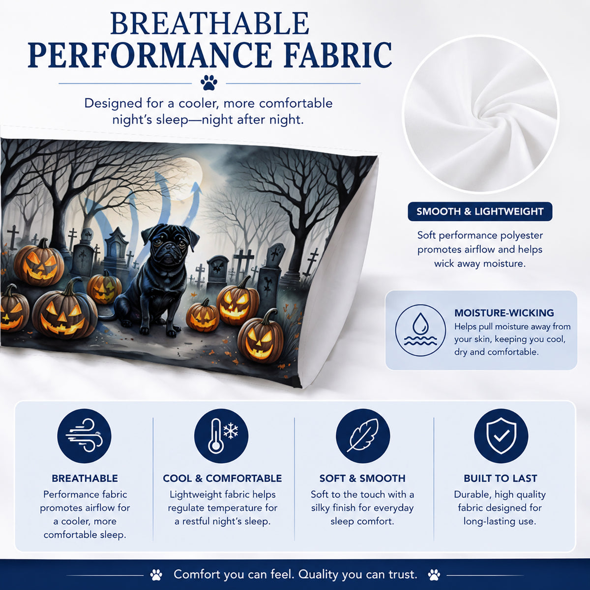 Caroline's Treasures DAC2065PILLOWCASE Black Pug Spooky Halloween Fabric Standard Pillowcase Lightweight Super Soft Easy Care Decorative Artwork Pillowcase, Standard