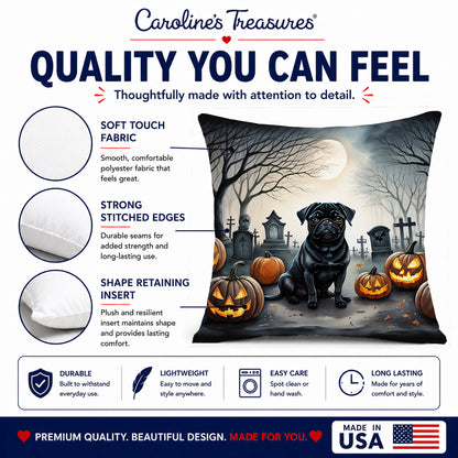 Caroline's Treasures DAC2065PW1414 Black Pug Spooky Halloween Fabric Decorative Pillow Machine Washable, Indoor Outdoor Decorative Pillow for Couch, Bed or Patio, 14Hx14W
