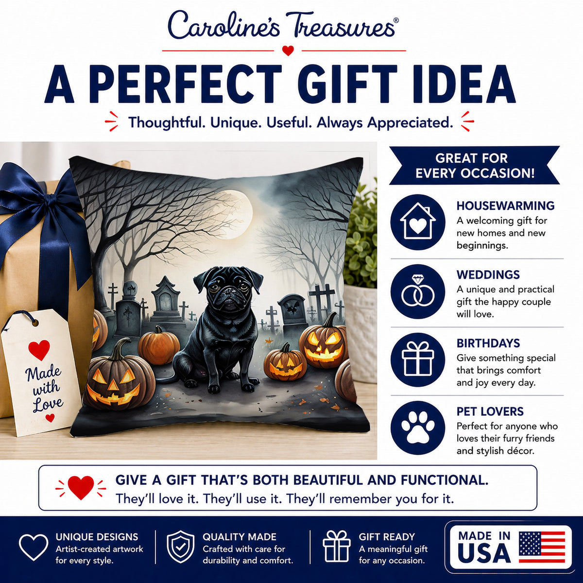 Caroline's Treasures DAC2065PW1414 Black Pug Spooky Halloween Fabric Decorative Pillow Machine Washable, Indoor Outdoor Decorative Pillow for Couch, Bed or Patio, 14Hx14W