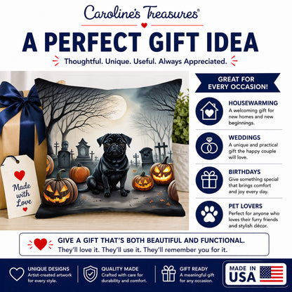 Caroline's Treasures DAC2065PW1414 Black Pug Spooky Halloween Fabric Decorative Pillow Machine Washable, Indoor Outdoor Decorative Pillow for Couch, Bed or Patio, 14Hx14W