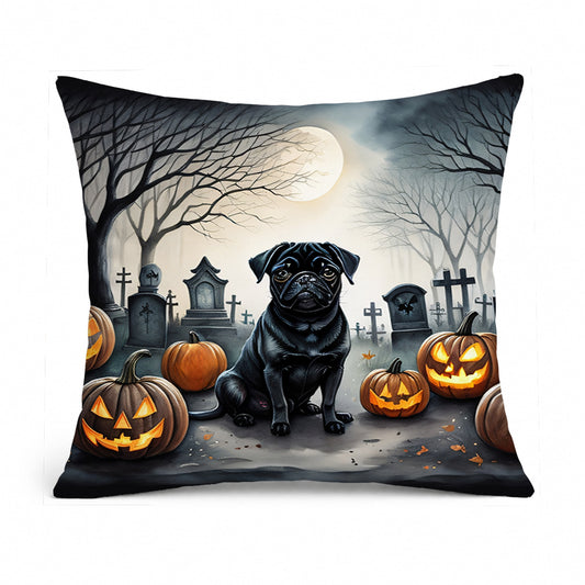 Caroline's Treasures DAC2065PW1818 Black Pug Spooky Halloween Fabric Decorative Pillow Machine Washable, Indoor Outdoor Decorative Pillow for Couch, Bed or Patio, 18Hx18W