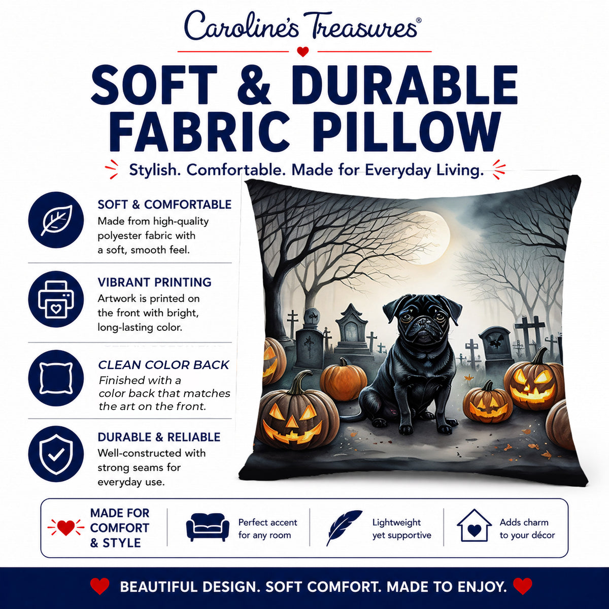Caroline's Treasures DAC2065PW1818 Black Pug Spooky Halloween Fabric Decorative Pillow Machine Washable, Indoor Outdoor Decorative Pillow for Couch, Bed or Patio, 18Hx18W