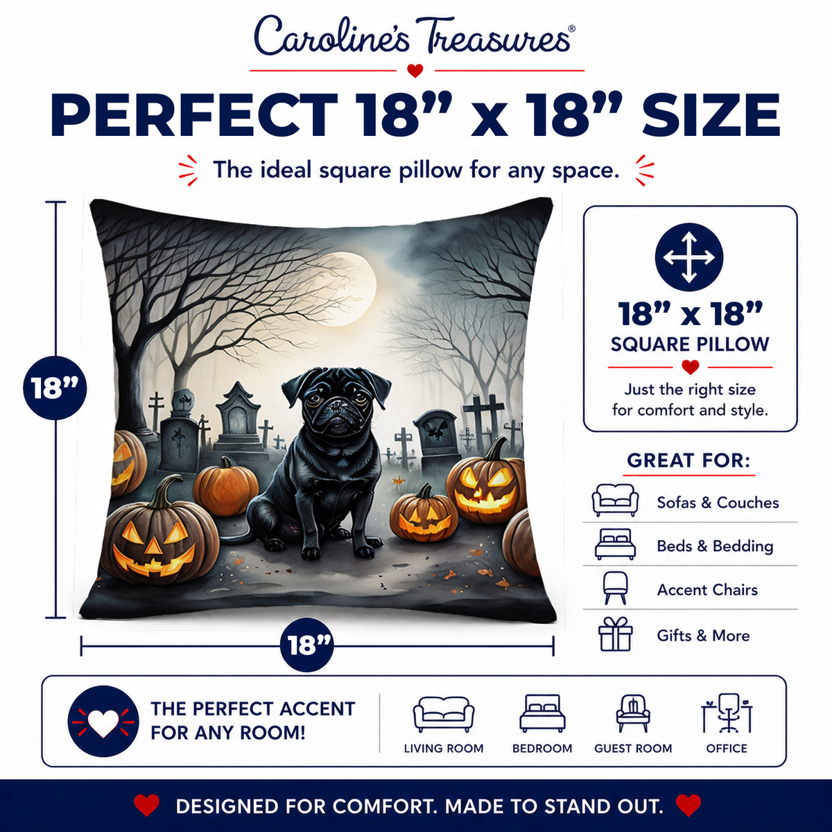 Caroline's Treasures DAC2065PW1818 Black Pug Spooky Halloween Fabric Decorative Pillow Machine Washable, Indoor Outdoor Decorative Pillow for Couch, Bed or Patio, 18Hx18W