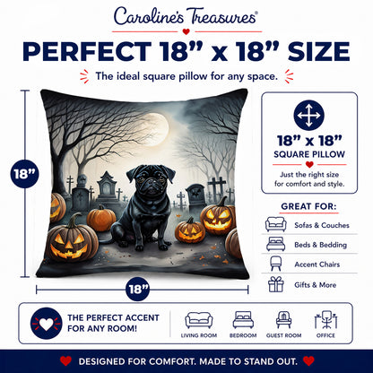 Caroline's Treasures DAC2065PW1818 Black Pug Spooky Halloween Fabric Decorative Pillow Machine Washable, Indoor Outdoor Decorative Pillow for Couch, Bed or Patio, 18Hx18W