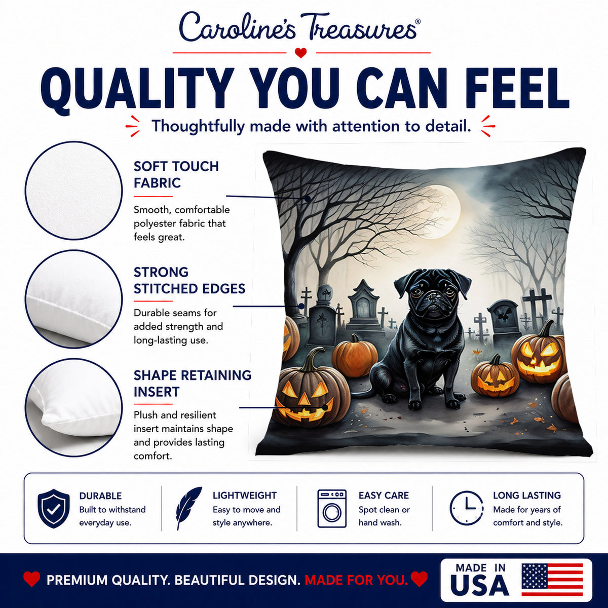 Caroline's Treasures DAC2065PW1818 Black Pug Spooky Halloween Fabric Decorative Pillow Machine Washable, Indoor Outdoor Decorative Pillow for Couch, Bed or Patio, 18Hx18W