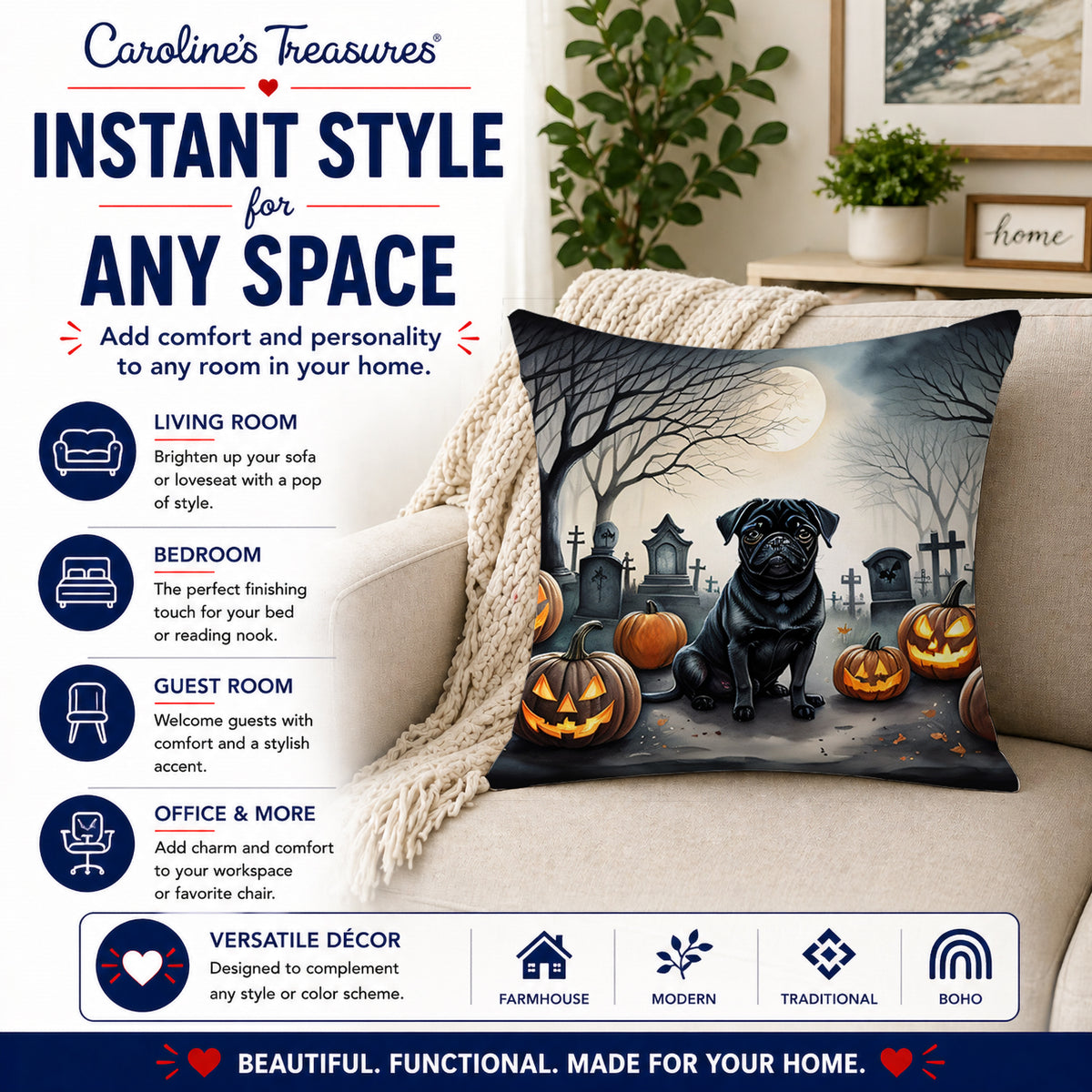 Caroline's Treasures DAC2065PW1818 Black Pug Spooky Halloween Fabric Decorative Pillow Machine Washable, Indoor Outdoor Decorative Pillow for Couch, Bed or Patio, 18Hx18W